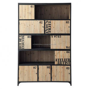 Librería de Madera Maciza de Estilo Antiguo, Librería con Puerta Corredera de Estilo Industrial para Decoración del Hogar, Muebles de Roble para Sala de Estar - Product Image 1