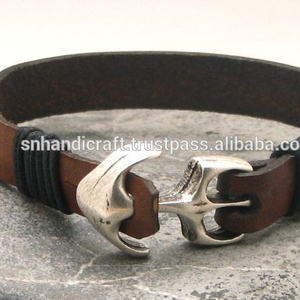 Beautifully Handmade Men's Leather <b>Bracelet</b> Brown Leather Cuff Nautical Men's <b>Bracelet</b> with Silver Plated Anchor Clasp - Product Image 1