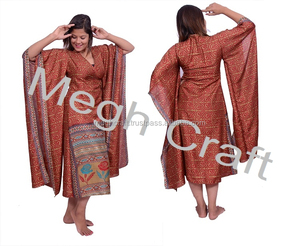 Maxi vestido de caftán Sari de seda Vintage para mujer, caftán largo con cuello en V a la moda para Resorts de verano de talla grande - Product Image 2