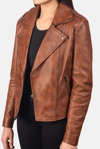 Veste en cuir véritable à la mode pour femmes en beige foncé look motard sportif nouveautés conception personnalisée pas cher en gros - Product Image 4
