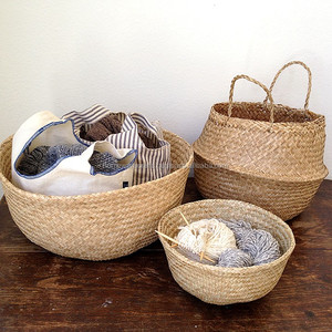 Handmade Seagrass <b>Basket</b> Vietnam Double Tier Handles European Market Kitchen <b>Bathroom</b> Natural Rustic - Product Image 2