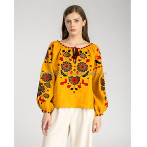 Superb Vintage Ukrainian Linen Tassel <b>Tie</b> Neck Women Blouse Bright Golden <b>Yellow</b> Ethnic Motives Colorful Embroidered Shirt Top - Product Image 1