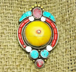 Amazing Designer Boho Tribal Handmade Turquoise & Baltic Amber Tibetan Pendant Jewelry