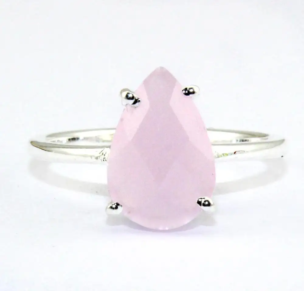 Checker cut natural pink chalcedony pear shape ring silver plated ring prong setting casual wear handmade ring