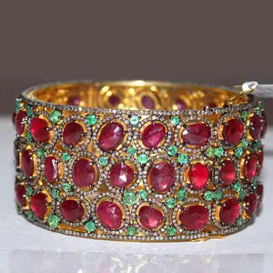 925 sterling silver natural diamond ruby emerald gemstone cuff bracelet