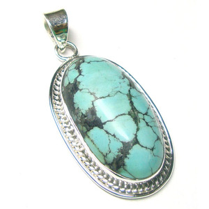 Tibétain turquoise 925 pendentif en argent sterling finition oxydée antique vintage bohème hip hop style pendentif bijoux pour femmes - Product Image 1