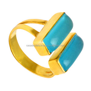 Baguette Cab Aqua Calcedony Gemstone Ring Bague en argent sterling 925 avec lunette plaquée or Setting Bague à la mode pour les femmes. - Product Image 4