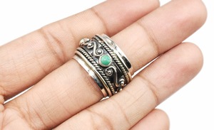 Anillo de plata de primera ley con forma redonda para mujer, sortija, plata esterlina 925, color verde turquesa, estilo Midi, 925 - Product Image 4