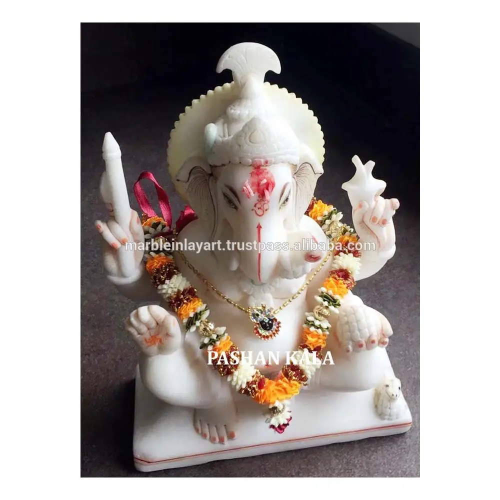 Patung Marmer Makrana Putih Murni Shree Ganesh Ji Batu Berkualitas Tinggi Murti dari Ganpati Ji Kerajinan Tangan untuk Ibadah Agama Hindu