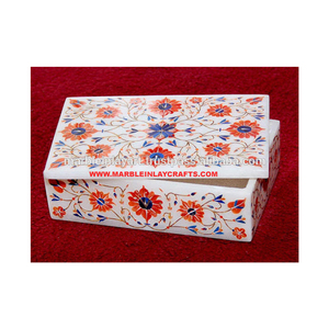 Boîte rectangulaire blanche en marbre, boîte d'incrustation en marbre, boîte à bijoux en marbre - Product Image 1