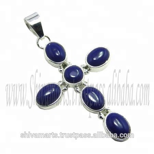 Pendentif croix en pierre précieuse lapis bleu véritable éminent pendentifs et breloques en argent sterling 925 - Product Image 2