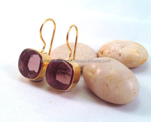 Boucles d'oreilles classiques en argent sterling 925 avec pierre précieuse en quartz tourmaline rose et plaqué or vermeil, cadeau de mariage - Product Image 1