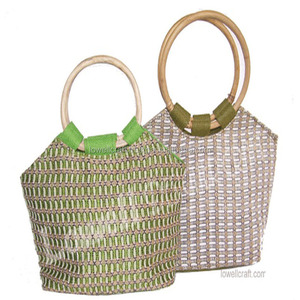 Boho Jute Travel Beach Tote <b>Bag</b> with Hand Length Handle Green and Beige Geometric Pattern Mini Size - Product Image 1