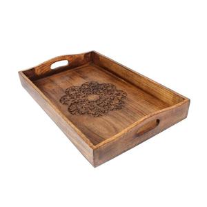 Handmade Decorative Wooden Serving <b>Tray</b> <b>Large</b> Rectangular with Handles & Decorative Floral Carving - Product Image 1