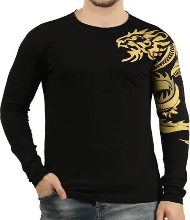 Camiseta de manga larga para hombre, camisa con estampado dorado, cuello redondo, elegante