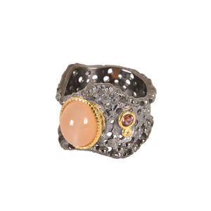 Nouveau designer plaqué or deux tons bijoux en argent sterling 925 pierre de lune rose et grenat noir plaqué rhodium bague - Product Image 2