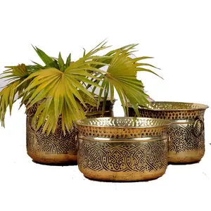 Handgemaakte Groothandel Fabrikant Van India Elegante Metalen Ronde Gouden Planter (Set Van 3) Voor Kantoor Home Hotel Plant Decoratie