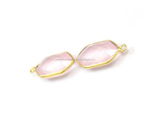 Quartz rose pierre précieuse 10x18mm 925 lunette simple caution à facettes forme hexagonale plaqué or à la main Boho connecteur fabrication de bijoux - Product Image 5