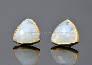 Rainbow Moonstone <b>Stud</b> Earrings Vermeil Gold 925 <b>Sterling</b> <b>Silver</b> Gemstone Handmade Wedding Jewelry - Product Image 2