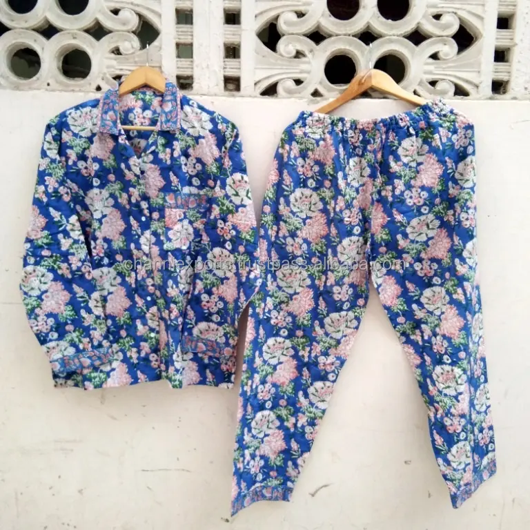 Hermoso conjunto de Pijama largo de algodón estampado a mano para dormir de noche ropa de mujer, conjunto de pijama con estampado Floral ropa informal cómoda