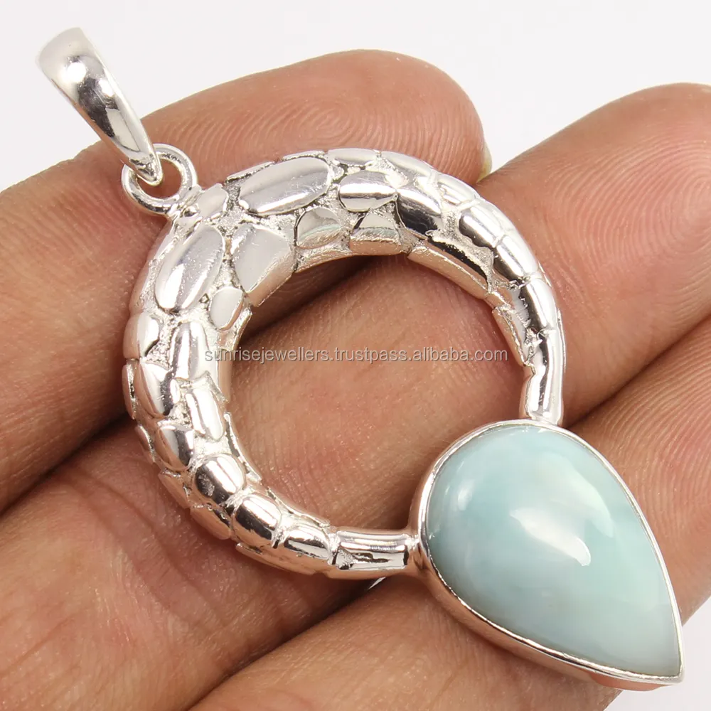 Best Seller Handcrafted Tribal Art 925 Sterling Silver Jewellery Pendant Natural LARIMAR Pear Gemstone Gift For Her