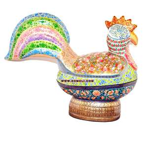 Colorful floral hand painted papier mache rooster figurine decorative <b>box</b>, handcrafted artisan cockerel showpiece - Product Image 1