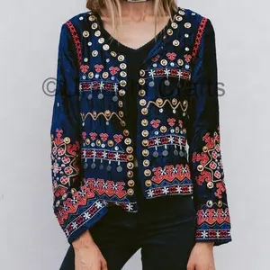 Chaqueta bordada banjara con cuello de pico mangas largas a la moda para Navidad