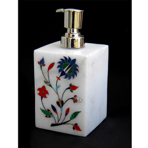 Distributeur de savon carré en marbre blanc Incrustation de travail Pompe en acier inoxydable Taille personnalisée Albâtre Mousse liquide Utilisation hôtelière Design moderne - Product Image 1