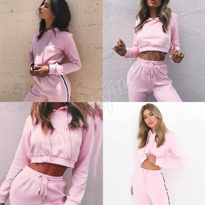 High Quality Sweat pants and <b>Crop</b> <b>Top</b> pullover Hoodie Set custom logo Women Custom Designer Clothes Two Piece Tracksuits - Product Image 5