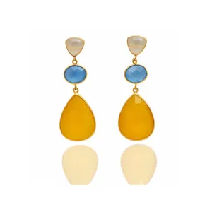 Handmade 925 Sterling Silver Gold Plated Bezel Dangle Earring With Natural Gemstone Chalcedony Earrings Jewelry