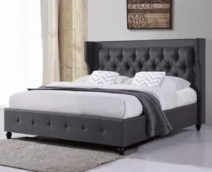 Cinza tecido malásia botão estofado plataforma cama com funda lisa e madeira sólida e quadro de placa de fio de média-densidade
