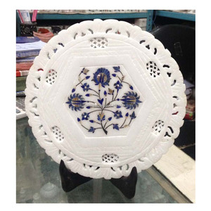 Plaque verte à incrustation en marbre blanc, de forme ronde - Product Image 1