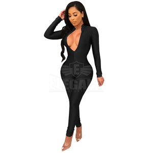 Long Sleeve Black <b>Sexy</b> Bodycon <b>Jumpsuit</b> for Women Zipper V Neck Skinny Rompers Womens <b>Jumpsuit</b> Female Streetwear Overalls - Product Image 2