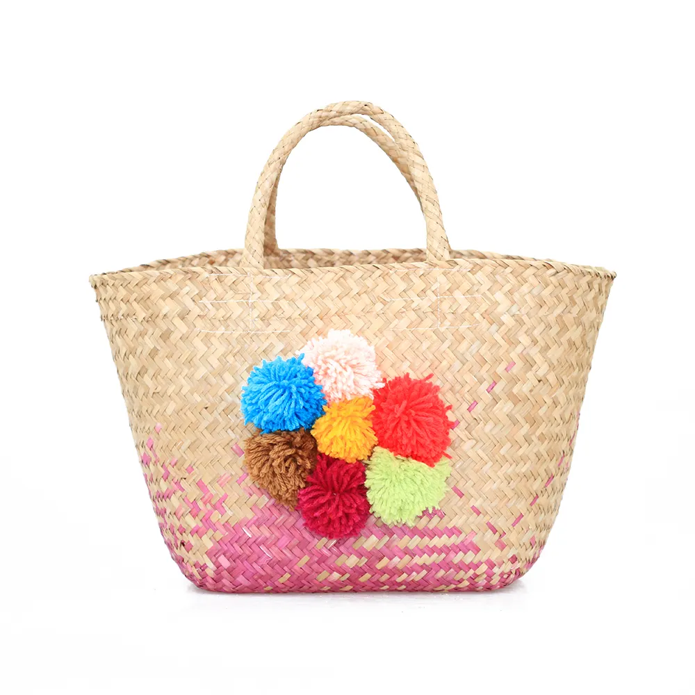 Sac à main en paille pour femmes, panier avec pompon, fait à la main, très bon marché, 100%