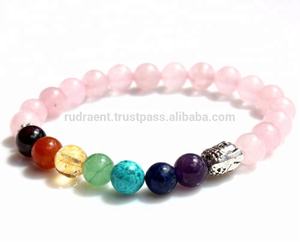 สร้อยข้อมือลูกปัดคริสตัลสีโรสควอตซ์ธรรมชาติลูกปัดจักระ7เม็ดด้วยเพชรและเทอร์ควอยซ์สำหรับงานแต่งงานและของขวัญ - Product Image 1