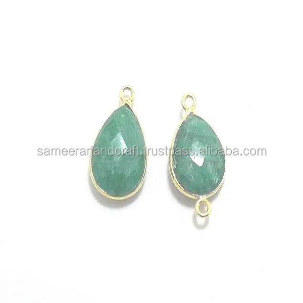 Dyed Emerald Gemstone Silver Plated Jewelry Making Pear Shape Double Bail Faceted 925 Gemstone Bezel Connector