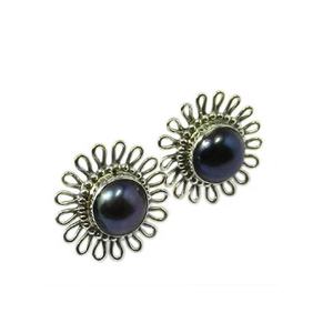 Pendiente de tuerca de Plata de Ley 925 sólida con Perla Negra, piedra preciosa, ajuste de bisel de oro rosa, joyería fina Unisex chapada en rodio - Product Image 1