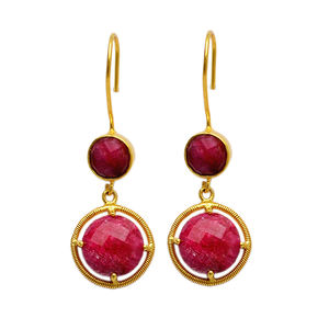 Round Briolette Ruby Gemstone Fixed Ear <b>Wire</b> Earrings 925 <b>Sterling</b> <b>Silver</b> Jewelry With Gold Plated Fashionable Earring For Women - Product Image 2