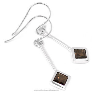 Lovely 925 <b>Sterling</b> <b>Silver</b> Long Dangling <b>Earrings</b> Square Shape Smoky Quartz Gemstone <b>Drop</b> <b>Earrings</b> For Beautiful Women ODM OEM - Product Image 1