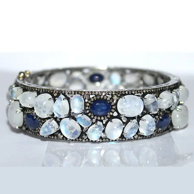 100% Natural Rainbow Moonstone, Diamond And Tanzanite gemstone 925 Solid Sterling Silver Gold Plated cuff bracelet Jewelry