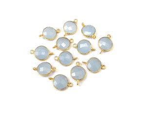 Blue Chalcedony Gemstone <b>Findings</b> Round Shape Gold Plated <b>Jewelry</b> Making Double Bail Faceted Handmade Bezel Connector - Product Image 3