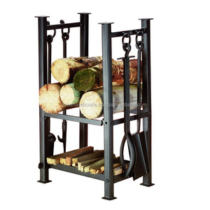 Ensemble d'outils pour foyer en fer avec revêtement en poudre noire avec porte-bûches - Product Image 3