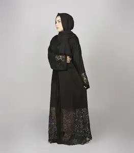 AJM TRADE HOUSE Abaya สีดำสวย,ผ้าลูกไม้ตาข่ายสีเดียวกันดีไซน์สวยงามพร้อมลูกปัดรุ่น2020