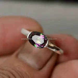 Cincin Batu Permata Topaz Mystic, Cincin Perak Murni 925, Perhiasan Perak Buatan Tangan