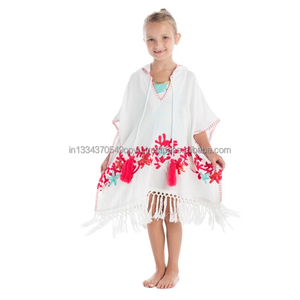 Breezy Batwing Sleeves Gorgeous Playful Exciting Beach Caftan Baby Girl Cotton Sea Coral Embroider Hooded Cover Up For Cute Kids - Product Image 3