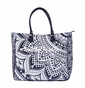 Bolso de mano de algodón hecho a mano para mujer, diseño de Mandala indio, cierre de cremallera, forro de lona con dos correas, bolso de hombro informal para - Product Image 4