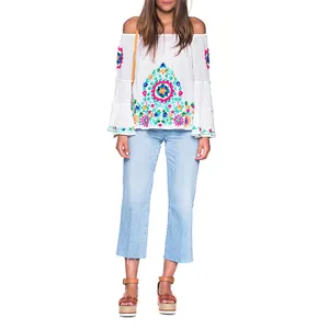 Latest Stylish Girls Off Shoulder Tropical Flora Vibrant Hue Embroider Blouse Flare Sleeve High End Fashion Bohemian Casual Top