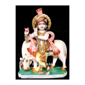 Mármol blanco puro Krishna ídolo Murti con vaca - Product Image 1