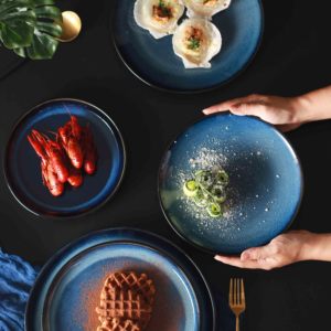 Hombe — <span class=keywords><strong>assiette</strong></span> à dîner ronde en céramique, vaisselle peu profonde émaillée bleue <span class=keywords><strong>assiette</strong></span> à Steak pour salade Dessert <span class=keywords><strong>bleu</strong></span> occidental - Product Image 2