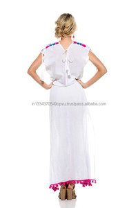 Robe longue d'été vintage bohème broderie impériale Aari effrontée côté fendu pompon garniture dentelle décoration courte plage décontractée - Product Image 3